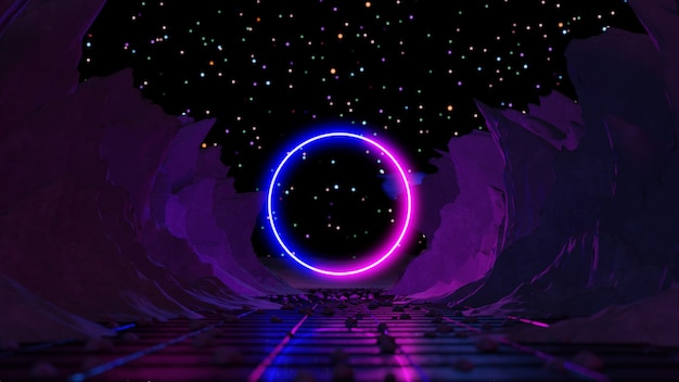 3d render, abstract background, cosmic landscape, rectangular portal, pink blue neon light.