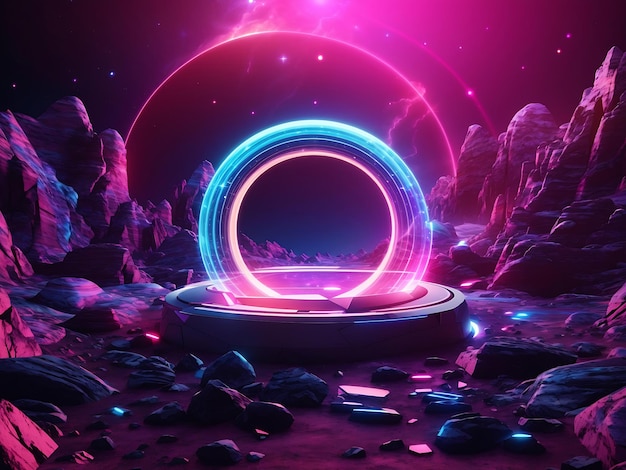 3d render abstract background cosmic landscape round portal pink blue neon light Ai