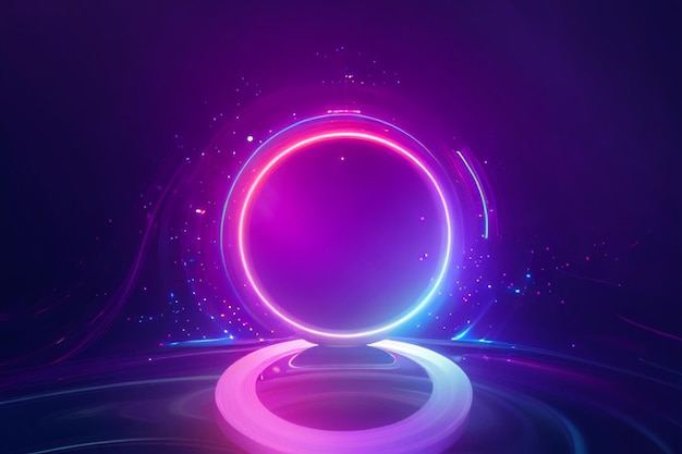 3d визуализация абстрактный фон космический пейзаж круглый портал розовый синий неоновый свет виртуальная реальность источник энергии светящийся круглая рамка темное пространство ультрафиолетовый спектр лазерное кольцо скалы земля