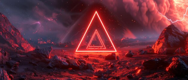 A 3d render of an abstract background a cosmic landscape a triangular portal a fire red neon light virtual reality an energy field glowing triangles dark space an infrared spectrum a laser