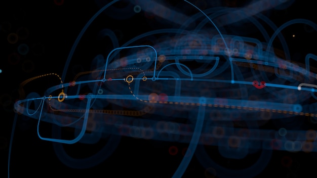 3d rendono il fondo astratto. linee dettagliate nello spazio 3d con profondità di campo. elementi di design ripetibili con archi, punti e segmenti collegati.