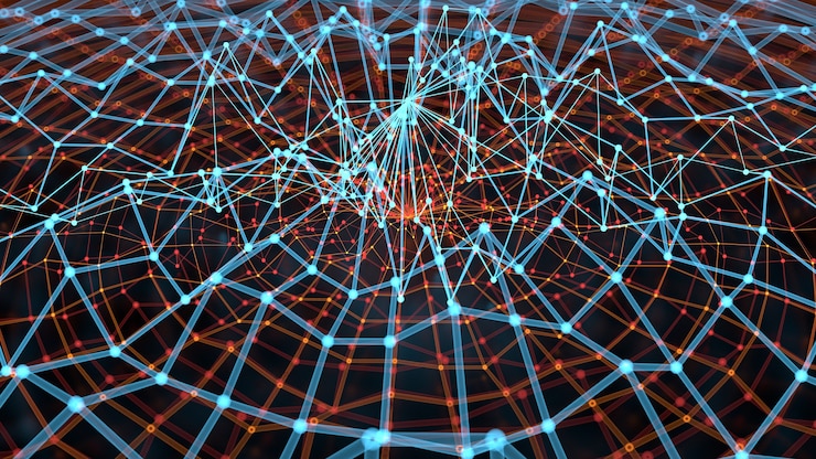 Photo 3d render abstract background. digital tech concept illustration with array structure. lines and spheres forms a complex connected structure.