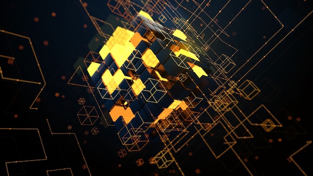 3d render abstract background. Digital technology concept. Random cubes with bright segments symbolize data block.