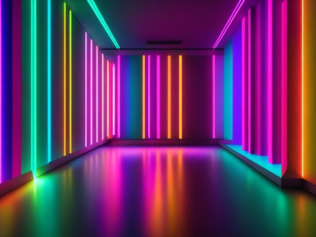 Photo 3d render abstract background empty room with bright neon rays and glowing lines colorful spectru