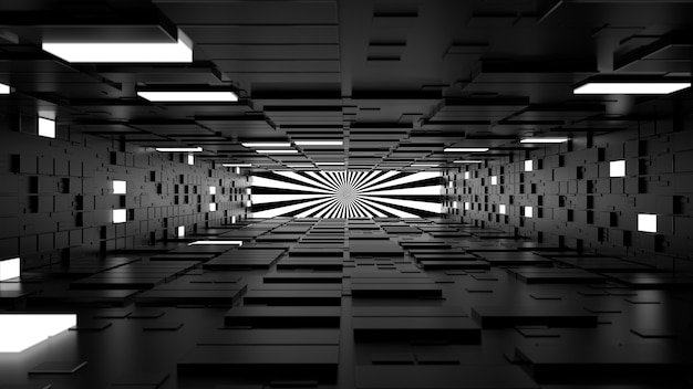 3d render abstract background. Long corridor. Simple shape extruded with random square polygons at the walls. Several wall segments are lighted up.