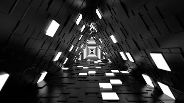 3d render abstract background. Long corridor. Simple shape extruded with random square polygons at the walls. Several wall segments are lighted up.