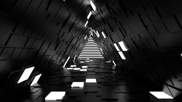 3d 렌더링 추상적인 배경입니다. 긴 복도. 벽에 임의의 정사각형 다각형으로 돌출된 단순한 모양. 여러 벽 세그먼트가 켜집니다.