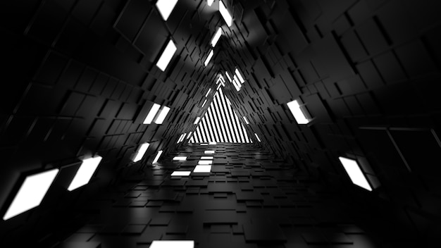 3Dレンダリングの抽象的な背景。長い廊下。壁にランダムな正方形のポリゴンを押し出したシンプルな形状。いくつかの壁セグメントが点灯します。