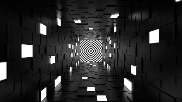 3d render abstract background. Long corridor. Simple shape extruded with random square polygons at the walls. Several wall segments are lighted up.