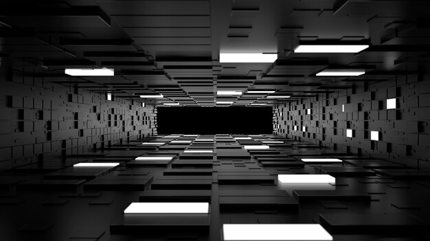 3d render abstract background. Long corridor. Simple shape extruded with random square polygons at the walls. Several wall segments are lighted up.