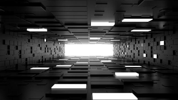 3d render abstract background. Long corridor. Simple shape extruded with random square polygons at the walls. Several wall segments are lighted up.