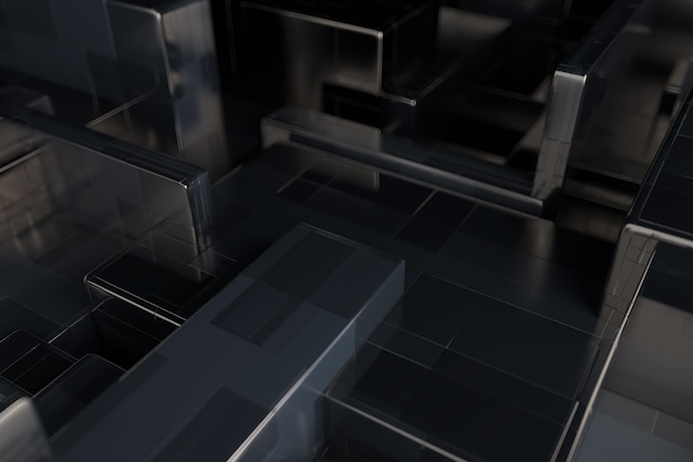 3d render abstract background. Random scale of rectangular metallic shapes. Simple primitives clonned with overlay each other.