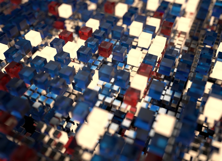 Photo 3d render abstract background.  a stack of cubes with different materials. grid structure made of square geometry form. digital concept. 3d cube`s grid.