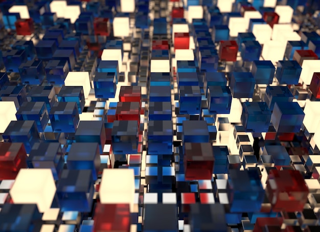 3d render abstract background.  A stack of cubes with different materials. Grid structure made of square geometry form. Digital Concept. 3D cube`s grid.