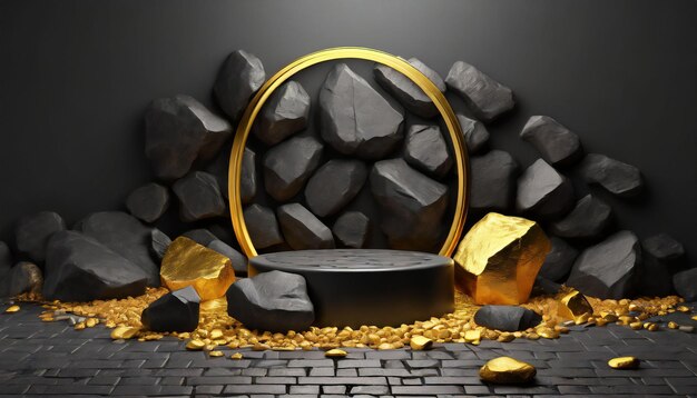 3d render abstract background with black cobblestone ruins broken rocks and golden nuggets Modern mi...