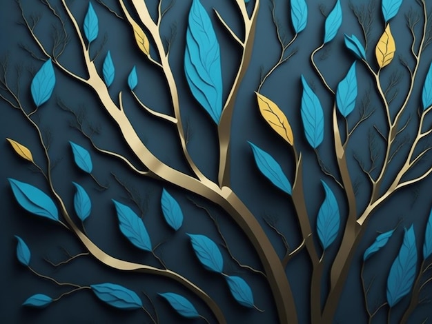 3d render abstract background with blue and gold branches and leaves Digital art for wall decor