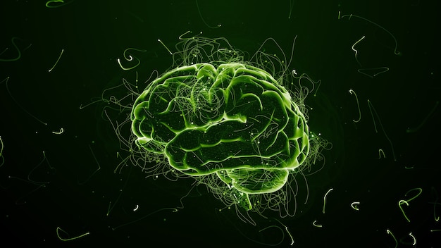 Foto 3d rendono lo sfondo astratto con il cervello circondato da particelle con percorsi contorti. scie e particelle simboleggiano le idee.
