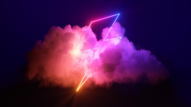 Photo 3d render abstract background with cloud and neon lightning sign in the night sky