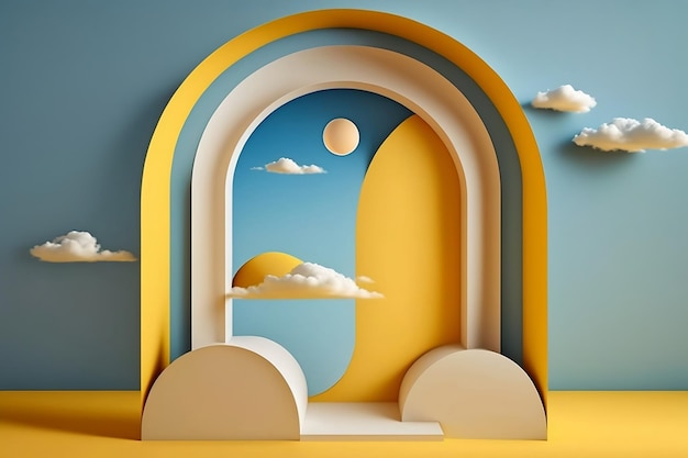 A 3D render of an abstract background with clouds inside arch windows on the yellow wall