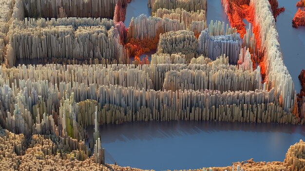 3d는 수직 기하학 배열로 구성된 복잡한 구조로 추상적인 배경을 렌더링합니다. 데이터 시각화 개념입니다.