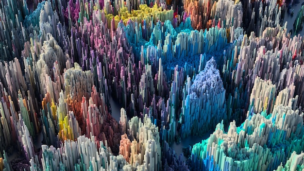 3d render abstract background with complex structure made of array of vertical geometry. data visualization concept.