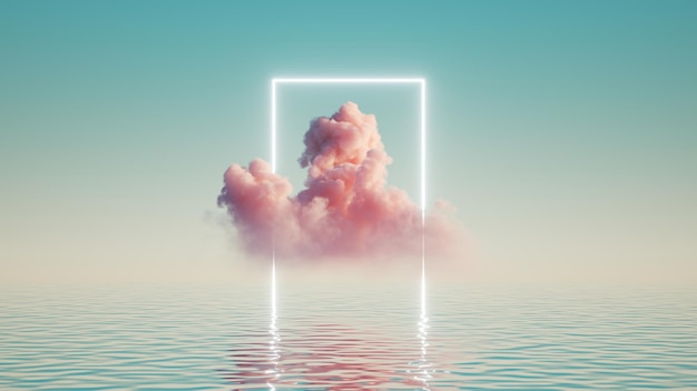 3d render abstract background with pink cloud levitates inside glowing square neon frame