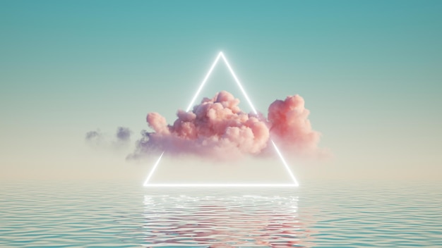 3d render abstract background with pink cloud levitates inside glowing triangular neon frame