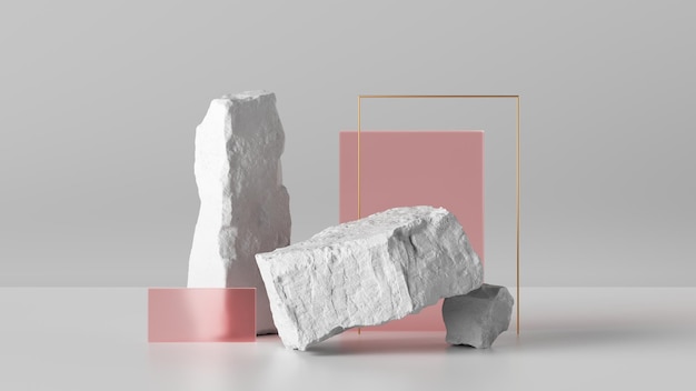 3d render abstract background with white cobblestone blocks and pink glass