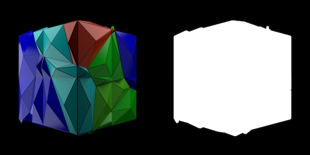 3d render abstract backgrouny. Triangular and extruded cube geometry. Positive colored fractured geometry. Image with mask.