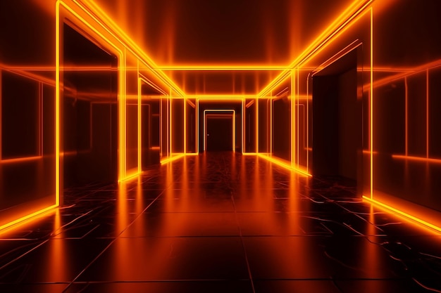 3d визуализация абстрактный бежевый оранжевый неоновый фон темная пустая комната с копией пространства AI создан
