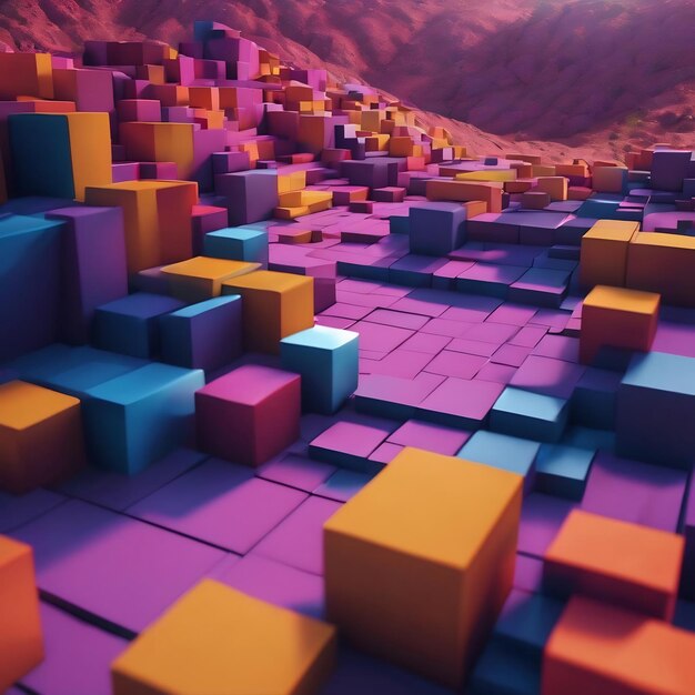 3d render of an abstract blocks landscape with shallow depth of field