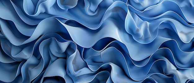 A 3D render of an abstract blue background folded ribbons macro and a fashion wallpaper with wavy layers and ruffles