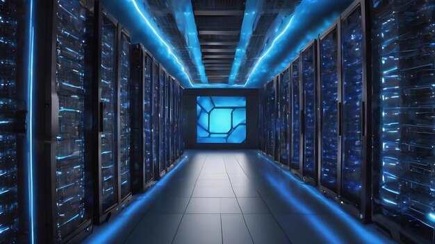 3d render abstract blue glowing data center hosting internet cyber background