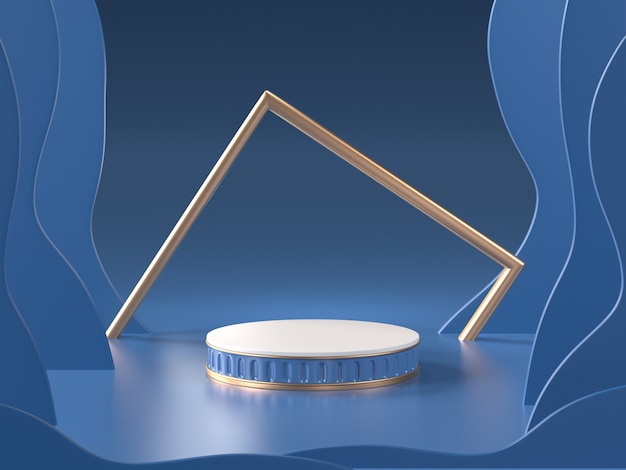 3d render of abstract blue room with podium and golden frame