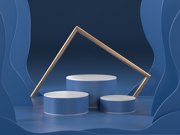 3d render of abstract blue room with podiums and golden frame