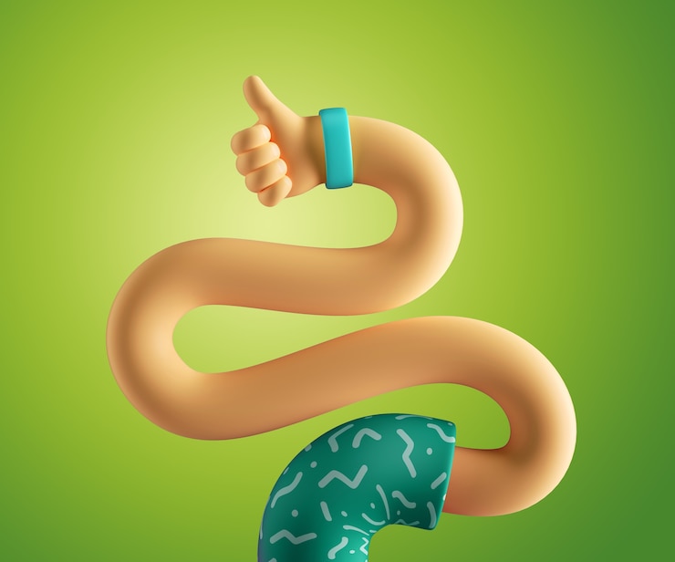 Photo 3d render of abstract cartoon character flexible boneless hand isolated on violet background