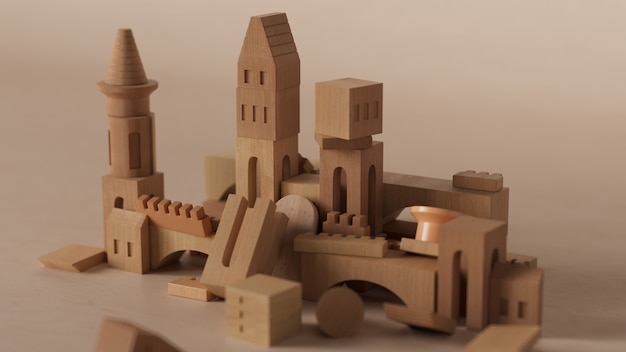 3d render of abstract castle. 3d render of wooden toy blocks
structured in castle figure.