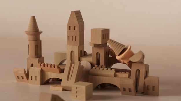 3D визуализация абстрактного замка. 3D визуализация деревянных игрушечных блоков, построенных в виде замка.