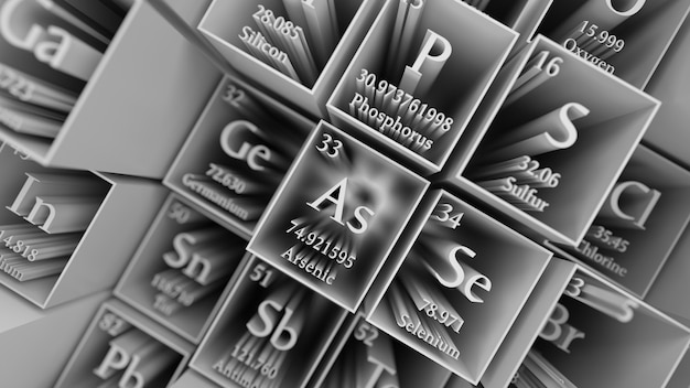 3d render abstract chemical background. Periodic table of elements. Mendeleev`s table fragment.