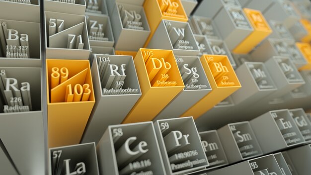 3d render abstract chemical background. Periodic table of elements. Mendeleev`s table fragment.