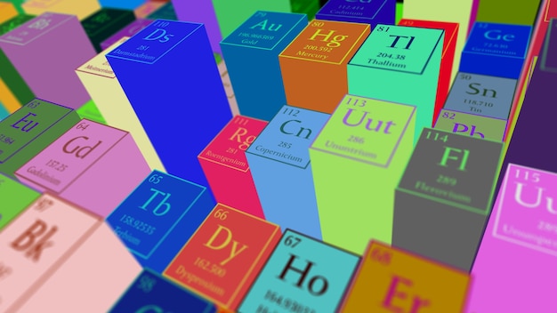 3Dレンダリングの抽象的な化学的背景。元素の周期表。メンデレーエフのテーブルの断片。