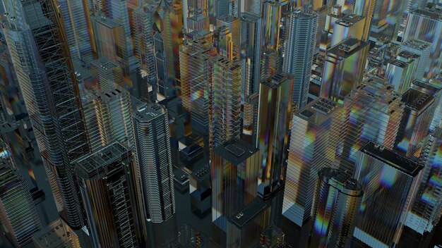 3d render of abstract city made of glass. Refractive, reflective transparent material. Wide angle camera