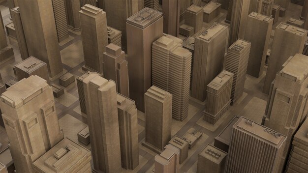 Photo 3d render abstract city piece made of wood material. skyscrapers and low building architecture buldings.