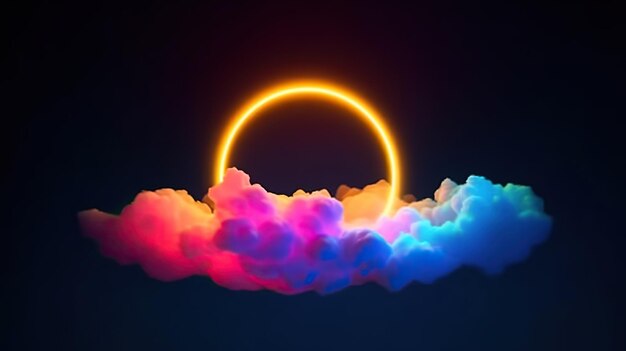 3d render abstract cloud illuminated with neon light ring on dark night sky Glowing geometric shape