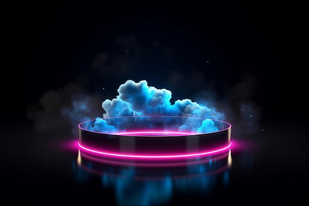 3d render abstract cloud illuminated with neon light ring on dark night sky