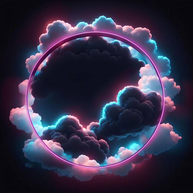 Photo 3d render abstract cloud illuminated with neon light ring on dark night sky