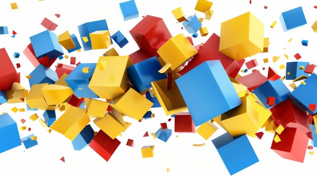 写真 3d レンダリング 抽象的な色彩の断片 壊れた立方体 青 赤 黄色 多角モザイク要素 白に分割された幾何学的なオブジェクト