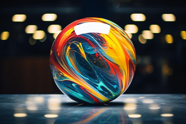 Photo 3d render of an abstract colorful marble ball on a wooden table ai generated