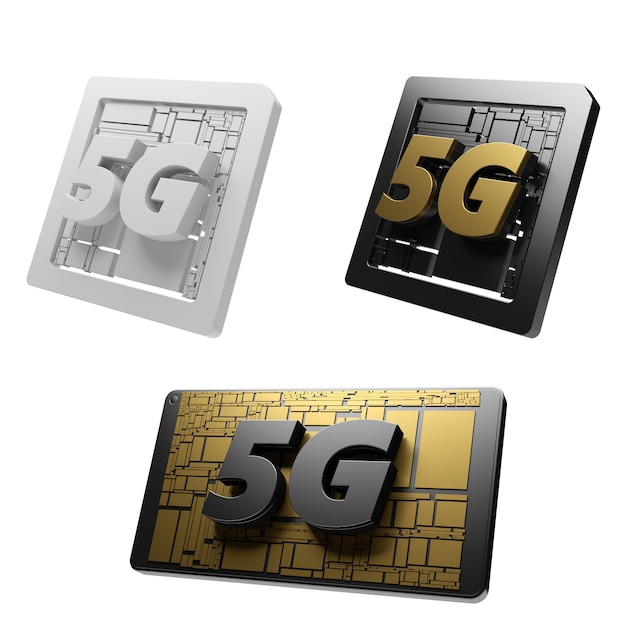 Photo 3d render of abstract concept of 5g sim cart. 5g text title line.