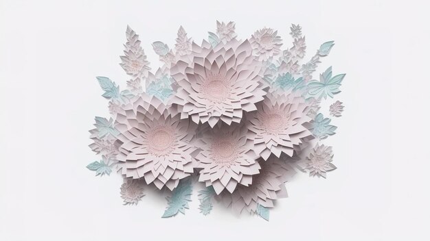 3d render abstract cut paper flowers isolated on white\
botanical background modern decorative handmade design